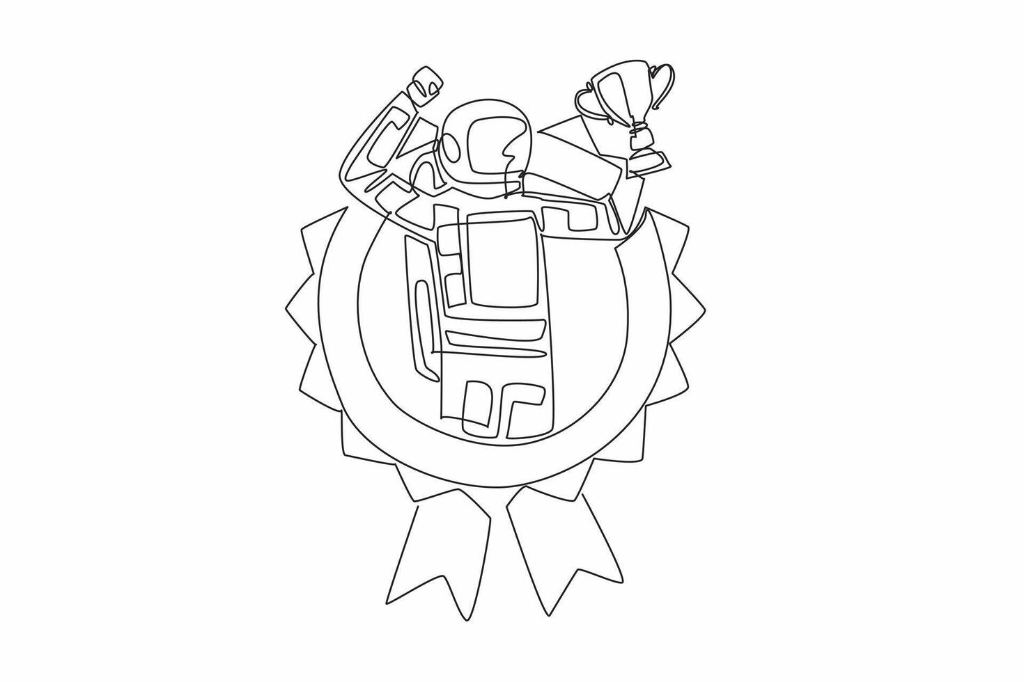 Continuous one line drawing triumphant astronaut holding trophy. Human achievement. Exploration. Ingenuity. Push the boundaries. Employee Appreciation Day. Single line draw design illustration vector
