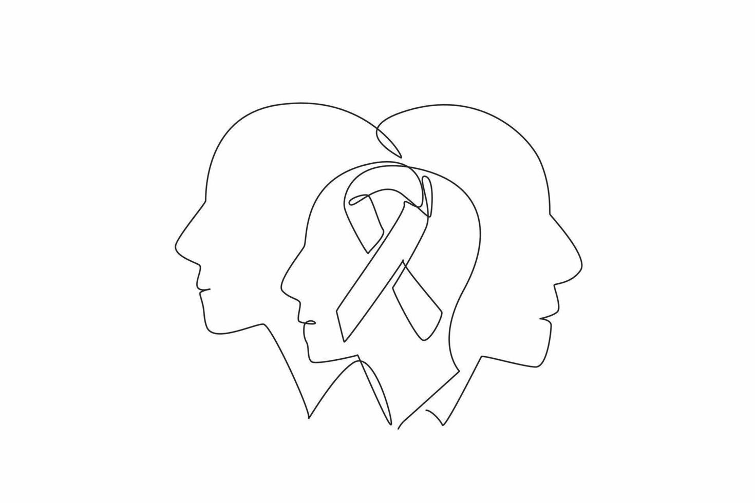 Single one line drawing three overlapping profiles, with a ribbon in the center. The shared empathy. Solidarity. Care. Awareness. Support. Rare Disease Day. Continuous line design graphic illustration vector