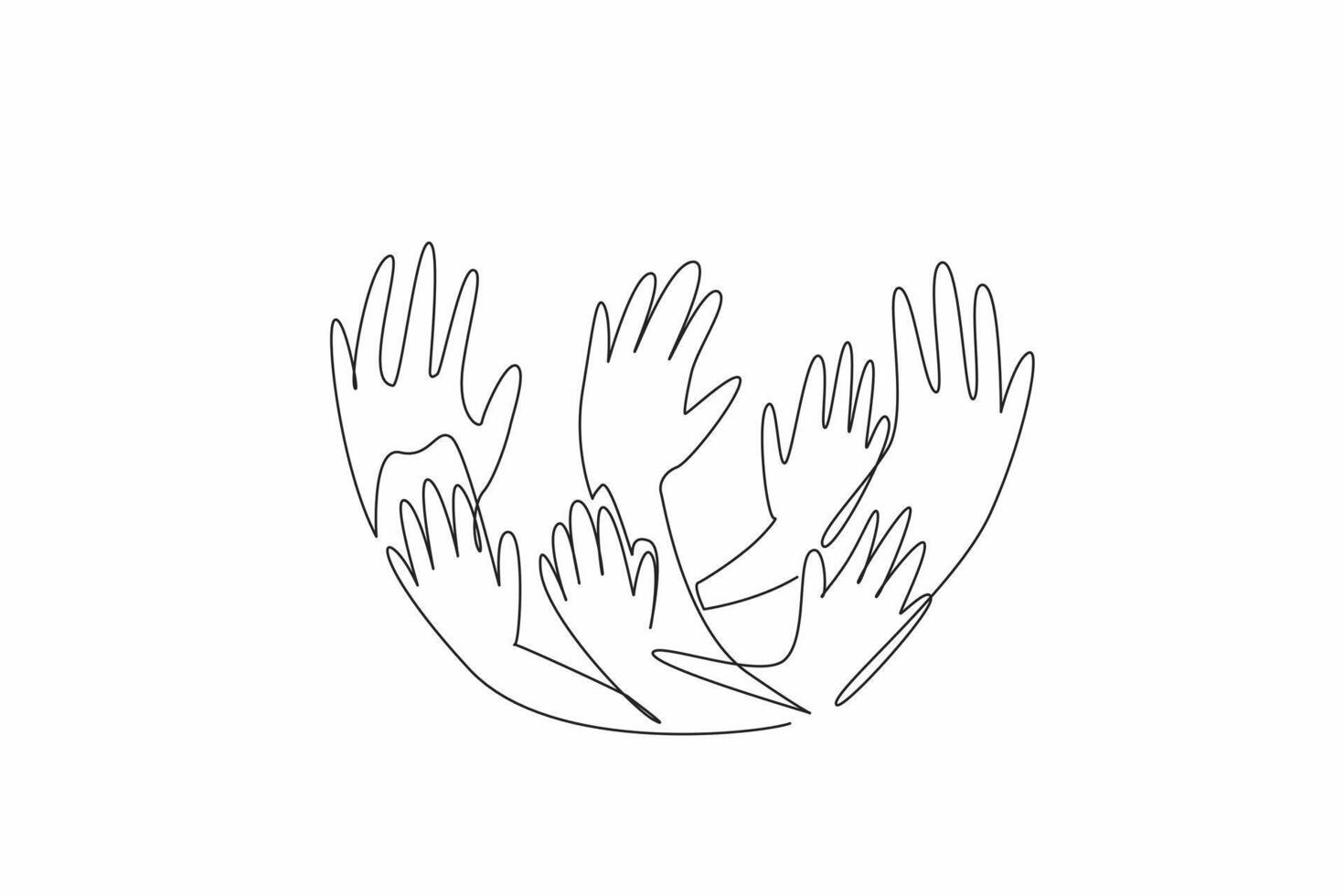 Continuous one line drawing seven curved hands in campaign colors. Symbolizing unity, hope, and collective effort. Support to survivor. Rare Disease Day. Single line draw design illustration vector