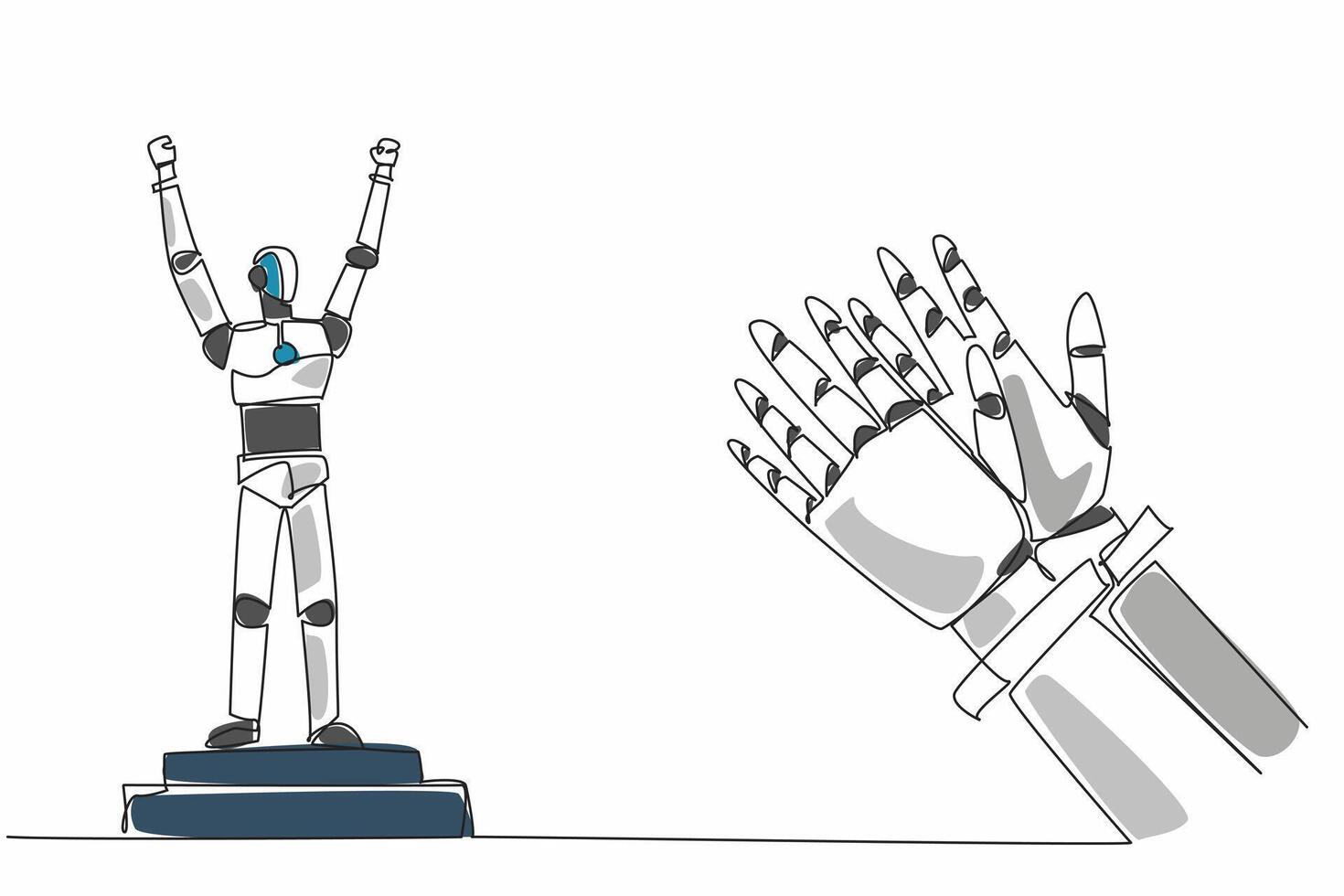 Single one line drawing robot standing on the podium of champions. Future where machines surpass human capabilities. Technology. Employee Appreciation Day. Continuous line design graphic illustration vector