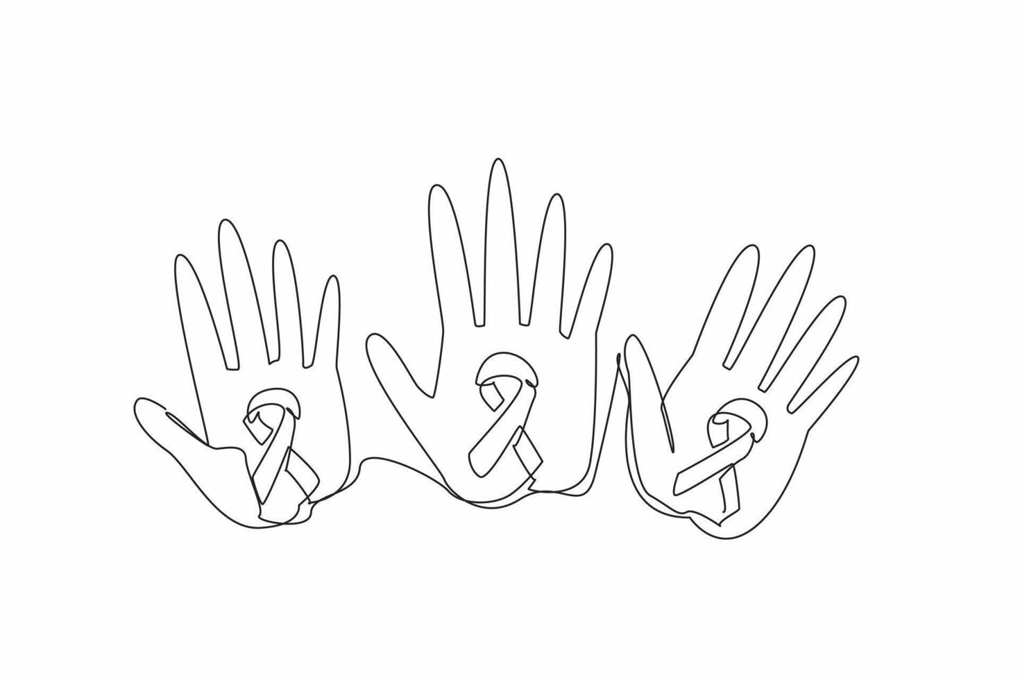 Single continuous line drawing three palms with campaign colors. The diverse perspectives. Experiences. Survivorship. Awareness. Support. Life. Rare Disease Day. One line design illustration vector