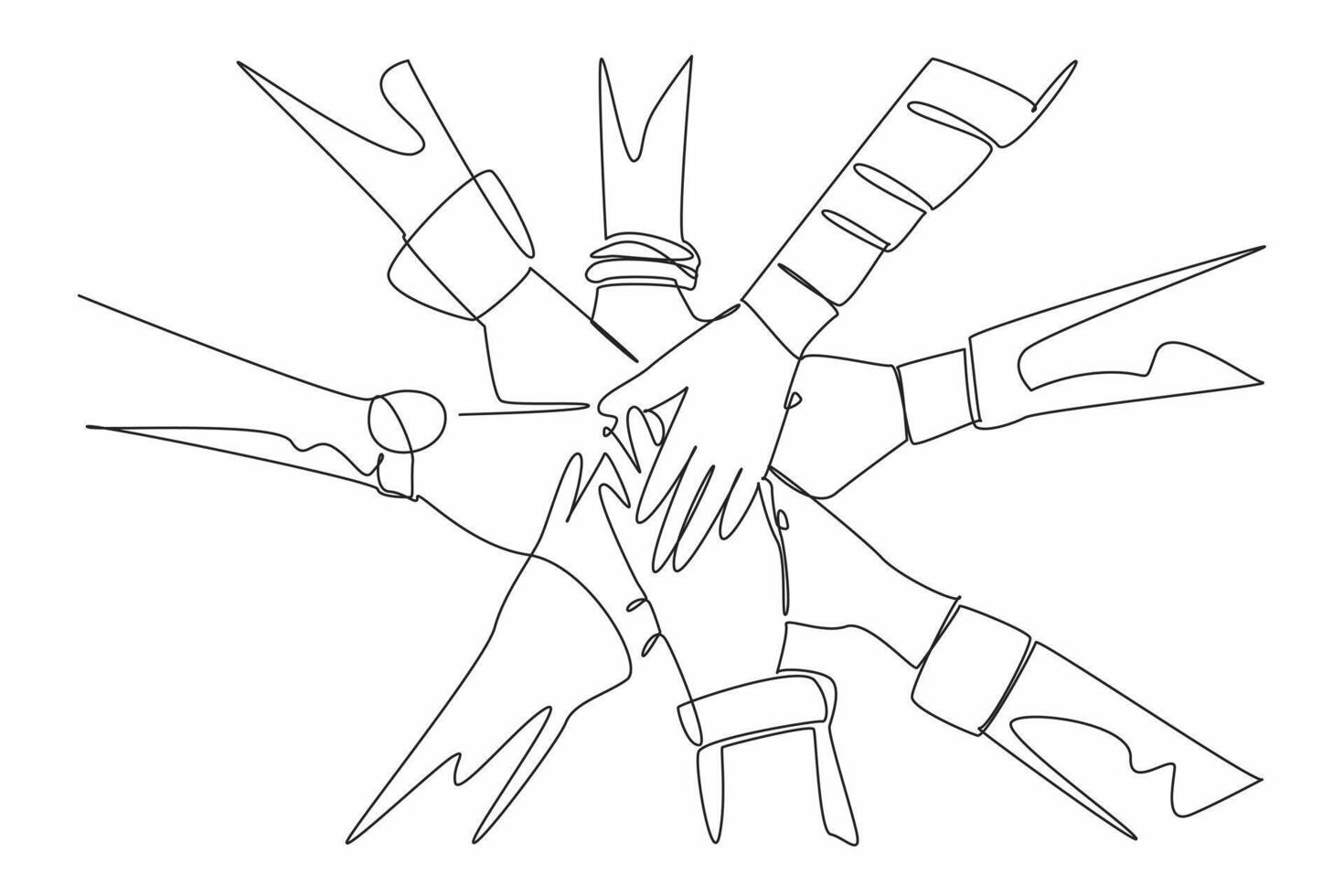 Single continuous line drawing eight hands with their sleeves stacked together and making circle. The interconnectedness. Solidarity. Shared vision. World NGO Day. One line design illustration vector