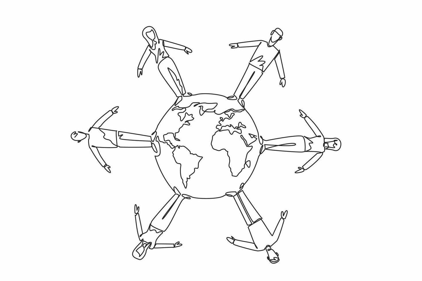 Single one line drawing six people standing around a globe. Collaborative efforts. Fostering a more interconnected world. Global reach. World NGO Day. Continuous line design graphic illustration vector
