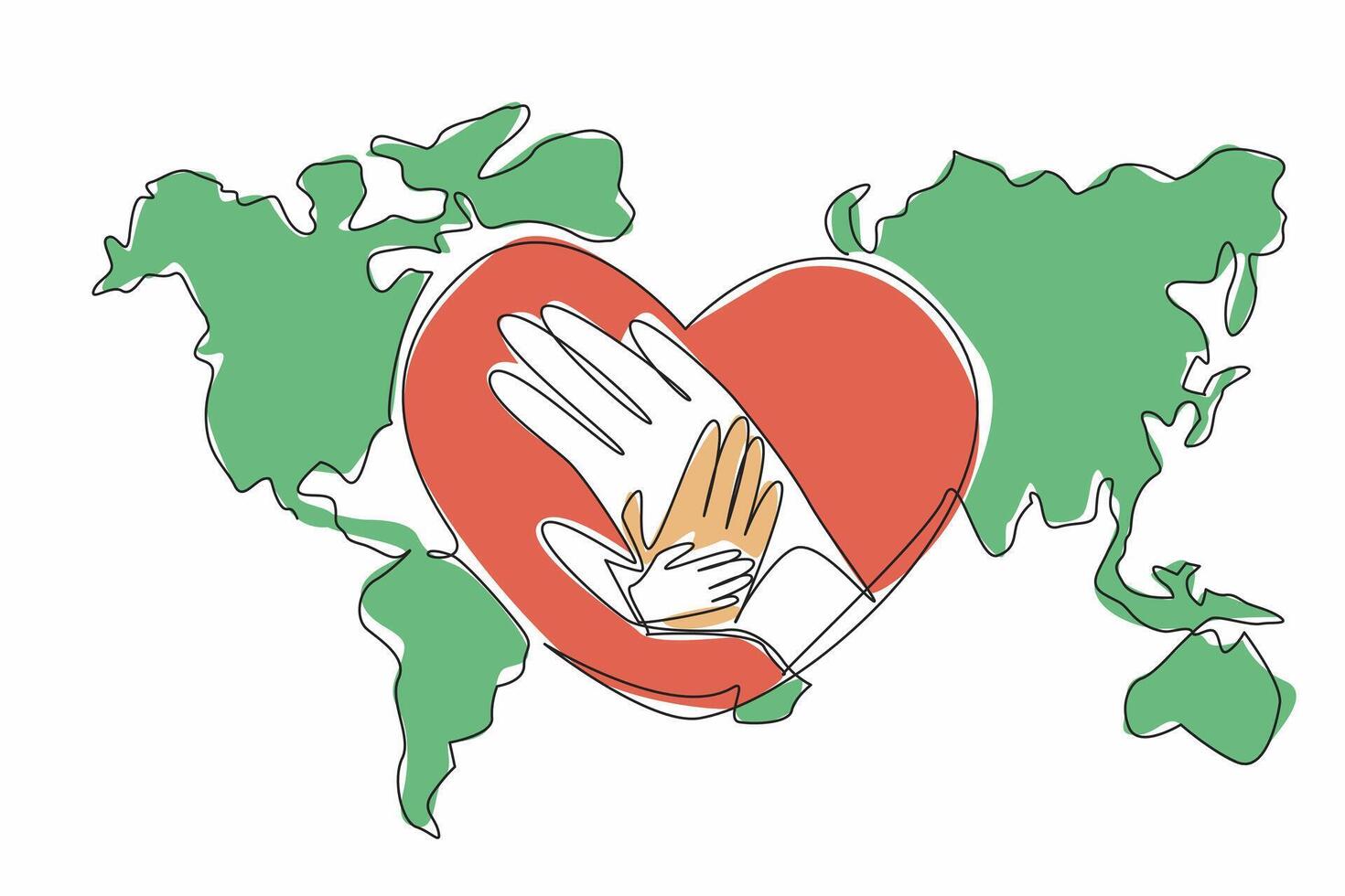 Single continuous line drawing hands stacked in the middle of a heart shape on a world map background. The global compassion. Humanitarian efforts. World NGO Day. One line design illustration vector
