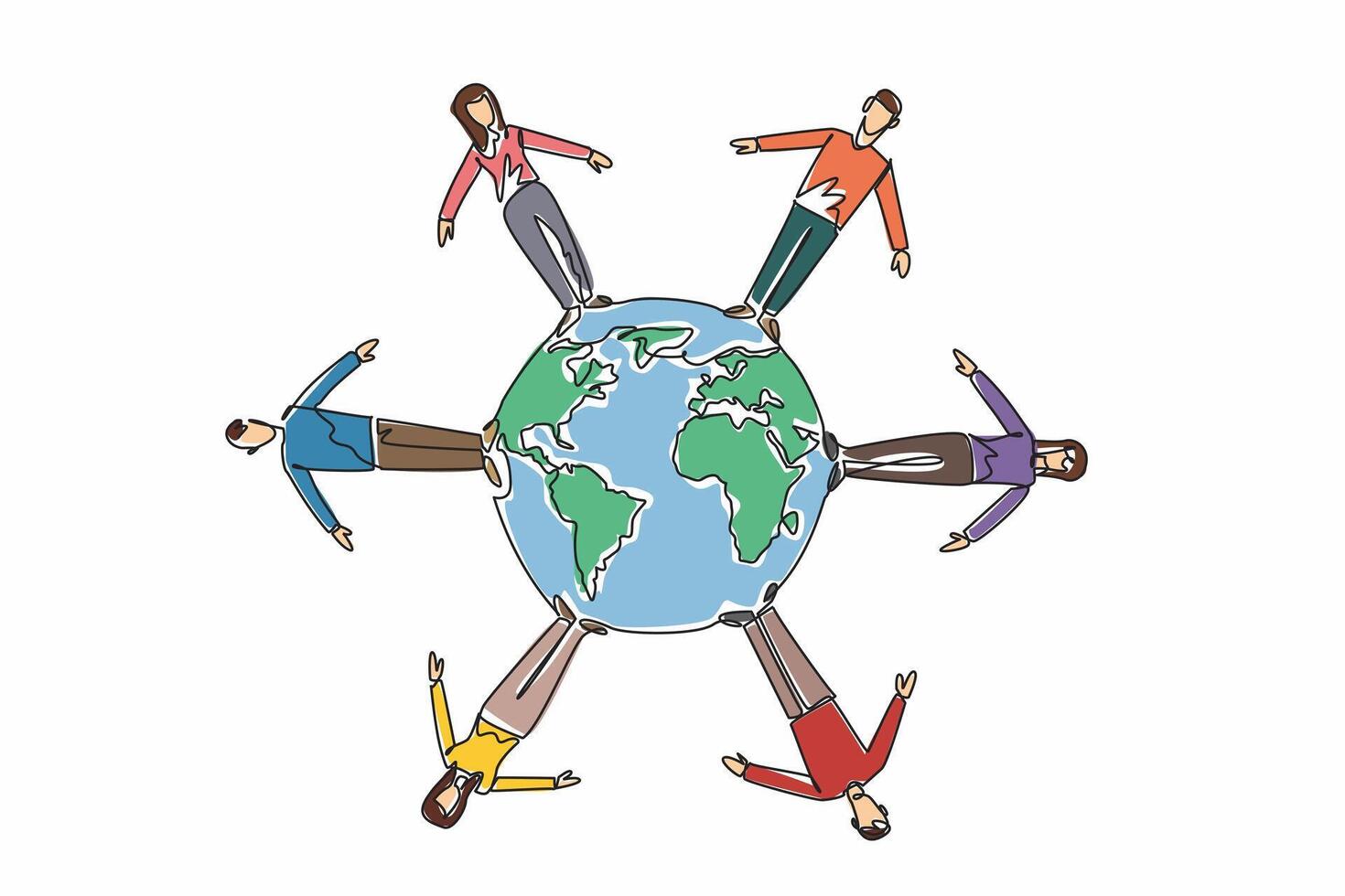 Single one line drawing six people standing around a globe. Collaborative efforts. Fostering a more interconnected world. Global reach. World NGO Day. Continuous line design graphic illustration vector