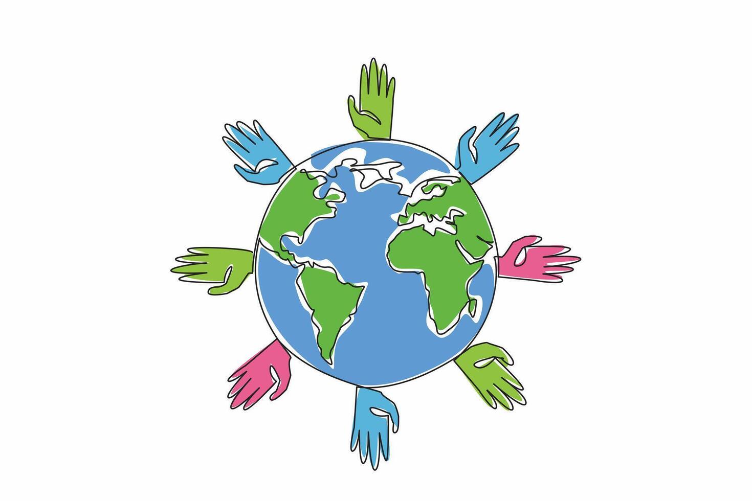 Continuous one line drawing a globe surrounded by hands of various colors. The global community coming together to support those affected. Rare Disease Day. Single line draw design illustration vector