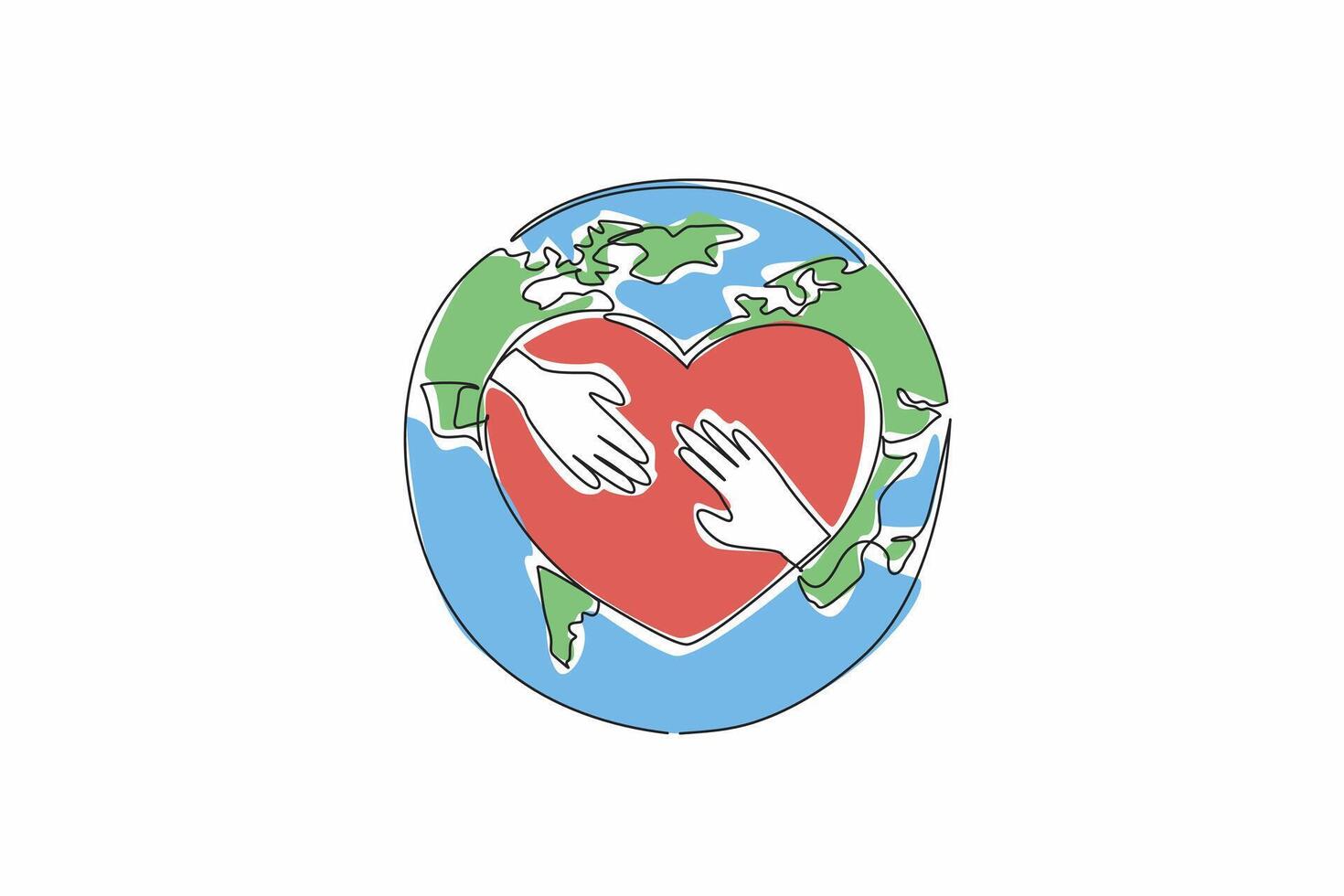Single one line drawing heart with two palms in middle on a globe background. Global unity. Collaboration. Positive impact. Equitable world. World NGO Day. Continuous line design graphic illustration vector