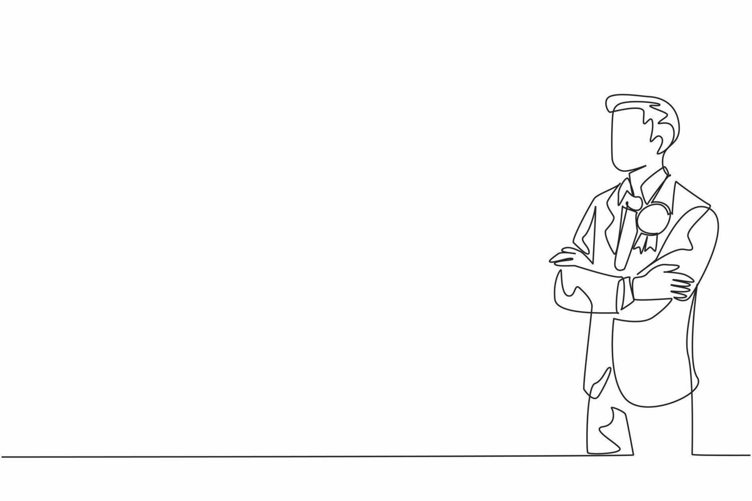 Single one line drawing man in suit and tie stands with arms crossed. Valid proof of glory. Prestige award. Achievement. Winner. Employee Appreciation Day. Continuous line design graphic illustration vector