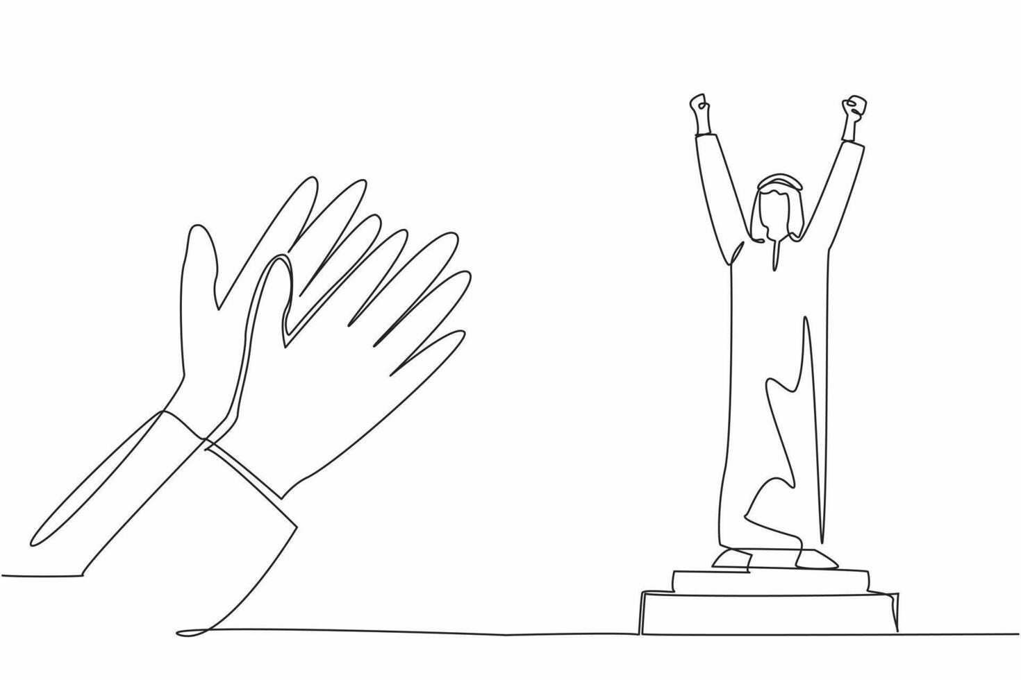 Continuous one line drawing Arabian man stands on the podium. Success, achievement, and cultural celebration. Applauds. Triumph. Employee Appreciation Day. Single line draw design illustration vector