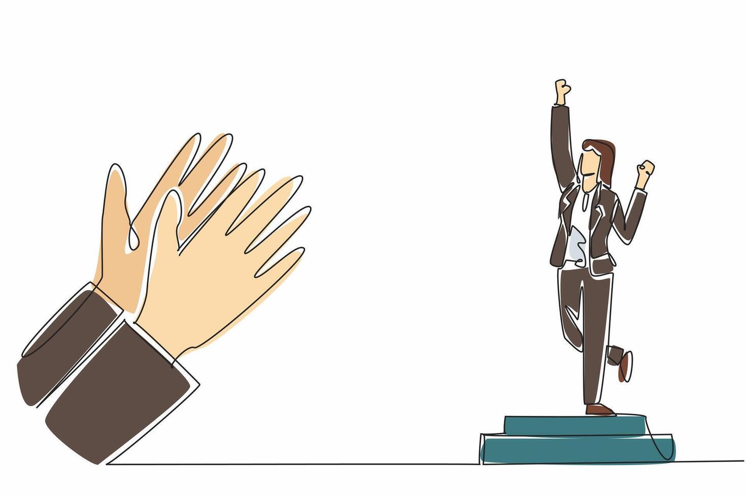 Single continuous line drawing woman in blazer standing on the podium. Celebratory pose. Successful businesswoman. Achievement. Applauds. Employee Appreciation Day. One line design illustration vector