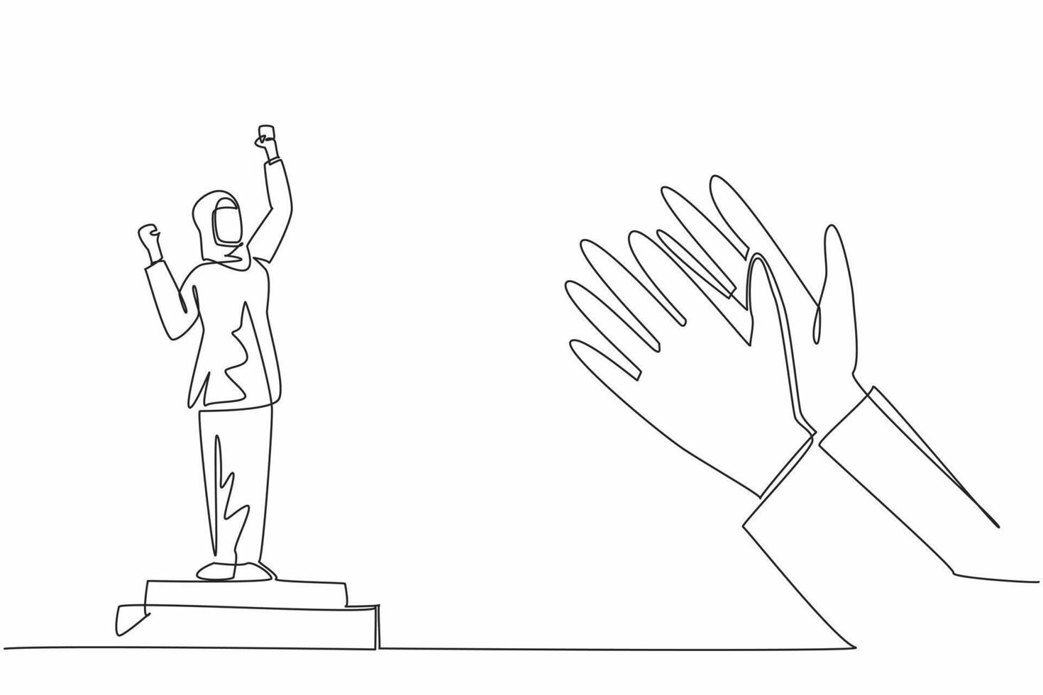 Single continuous line drawing Arabian woman stands on a podium. Victorious pose. The celebration of her accomplishment. Encouragement. Employee Appreciation Day. One line design illustration vector