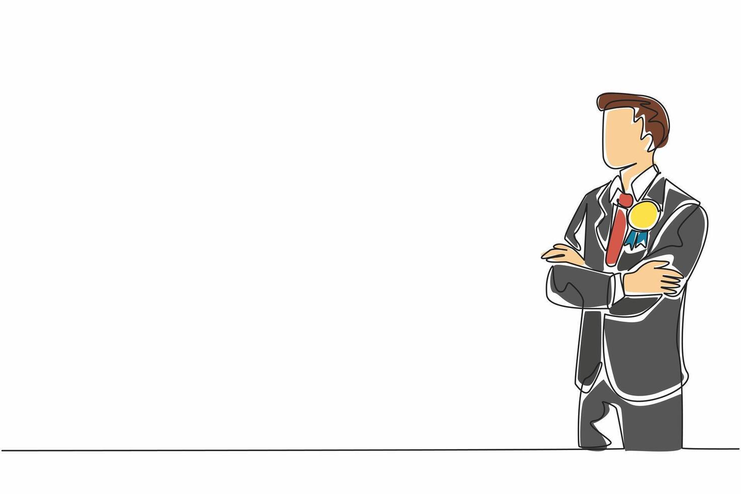 Single one line drawing man in suit and tie stands with arms crossed. Valid proof of glory. Prestige award. Achievement. Winner. Employee Appreciation Day. Continuous line design graphic illustration vector
