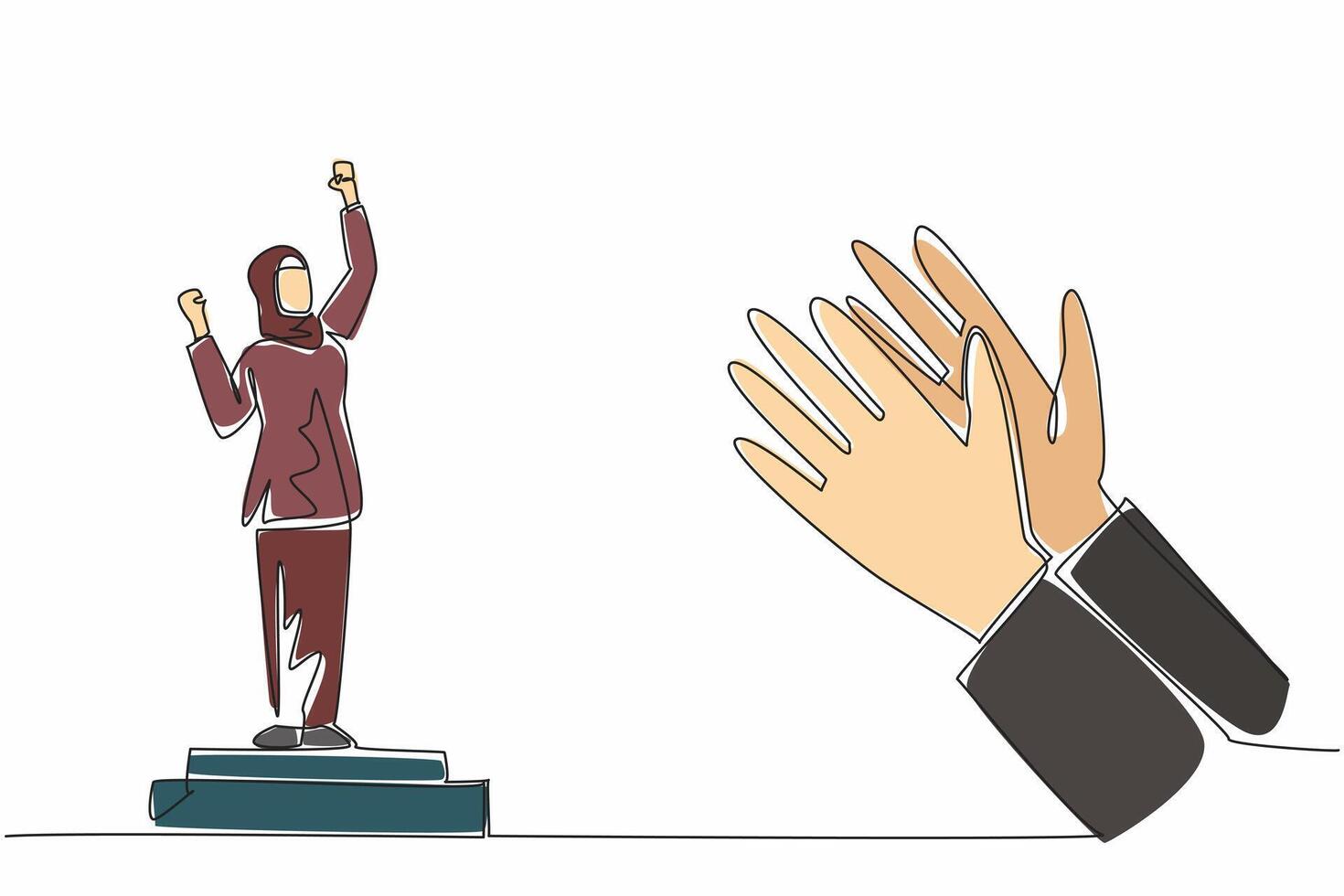 Single continuous line drawing Arabian woman stands on a podium. Victorious pose. The celebration of her accomplishment. Encouragement. Employee Appreciation Day. One line design illustration vector