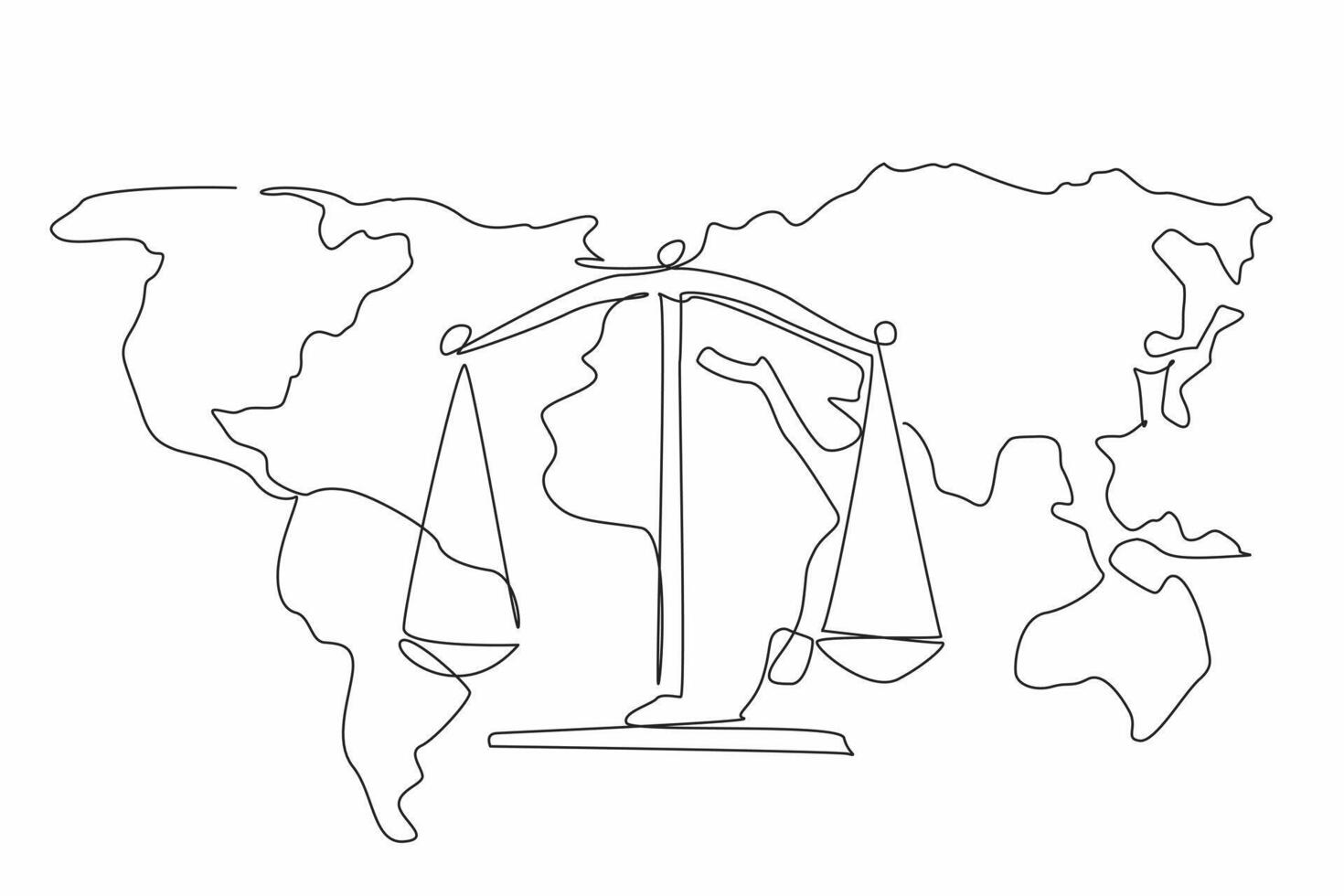 Single one line drawing scales on world map background. Justice and impartiality. Importance of global cooperation. Balance. World Day of Social Justice. Continuous line design graphic illustration vector