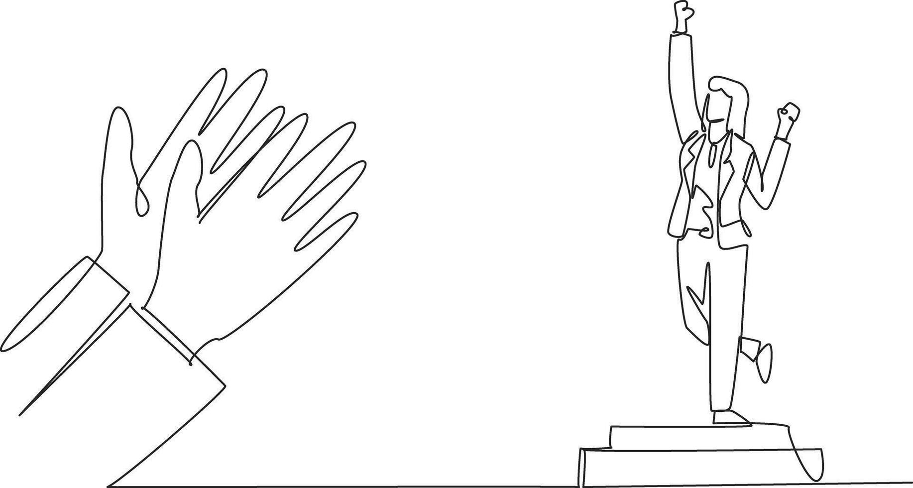 Single continuous line drawing woman in blazer standing on the podium. Celebratory pose. Successful businesswoman. Achievement. Applauds. Employee Appreciation Day. One line design illustration vector