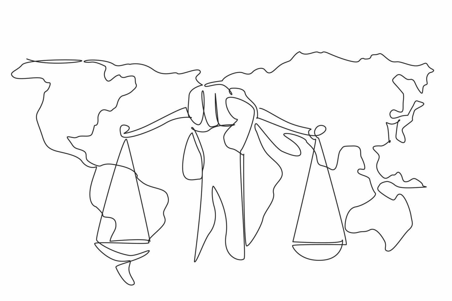 Single continuous line drawing a scale of justice hold in hand with world map background. Justice on entire world. Global. Equality. World Day of Social Justice. One line design illustration vector