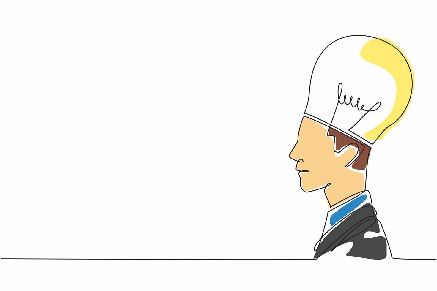 Continuous one line drawing a head has half of its part replaced with a bulb lamp. A mind bursting with ideas. Illumination. Innovation. World Thinking Day. Single line draw design illustration vector