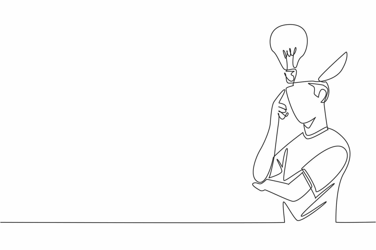 Continuous one line drawing person deep in thought with a lightbulb hovering above head. Creativity, inspiration and a brilliant idea. World Thinking Day. Single line draw design illustration vector