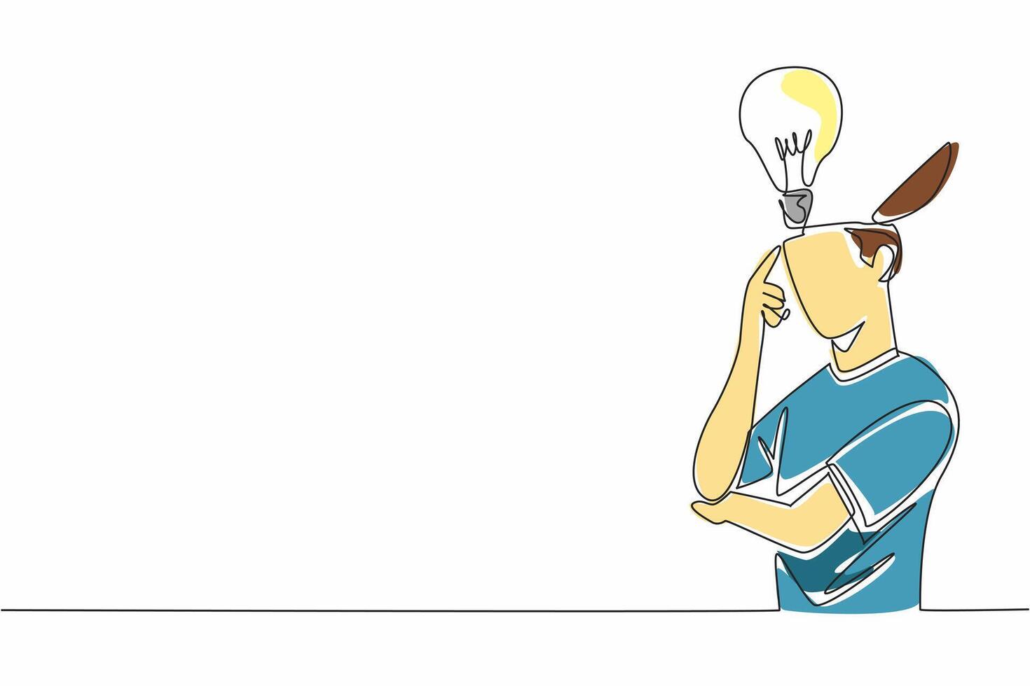 Continuous one line drawing person deep in thought with a lightbulb hovering above head. Creativity, inspiration and a brilliant idea. World Thinking Day. Single line draw design illustration vector
