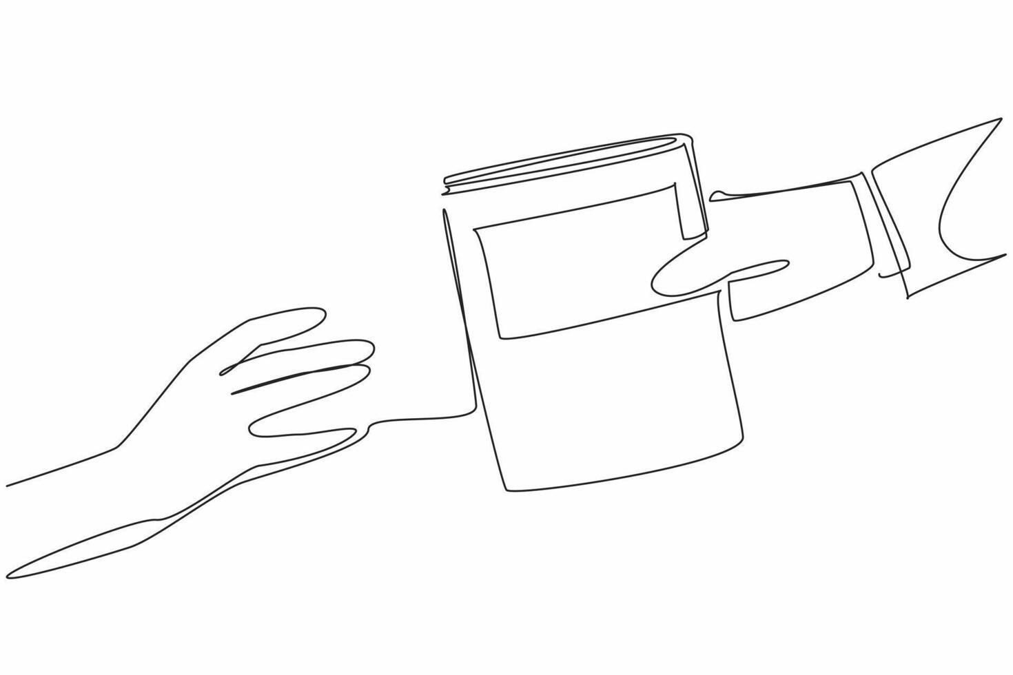 Single continuous line drawing a hand extends to receive book from another hand. Gift. A loan. Exchange. Sharing. Transfer knowledge. International Book Giving Day. One line design illustration vector