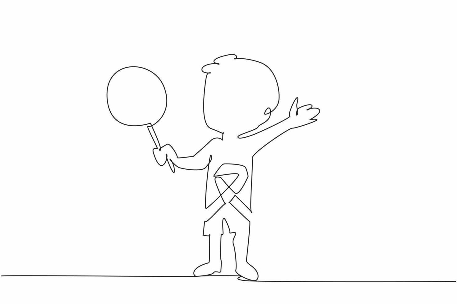 Single one line drawing a little boy holding lollipop stands with arms outstretched. Innocence. Imagination. Survivor. International Childhood Cancer Day. Continuous line design graphic illustration vector