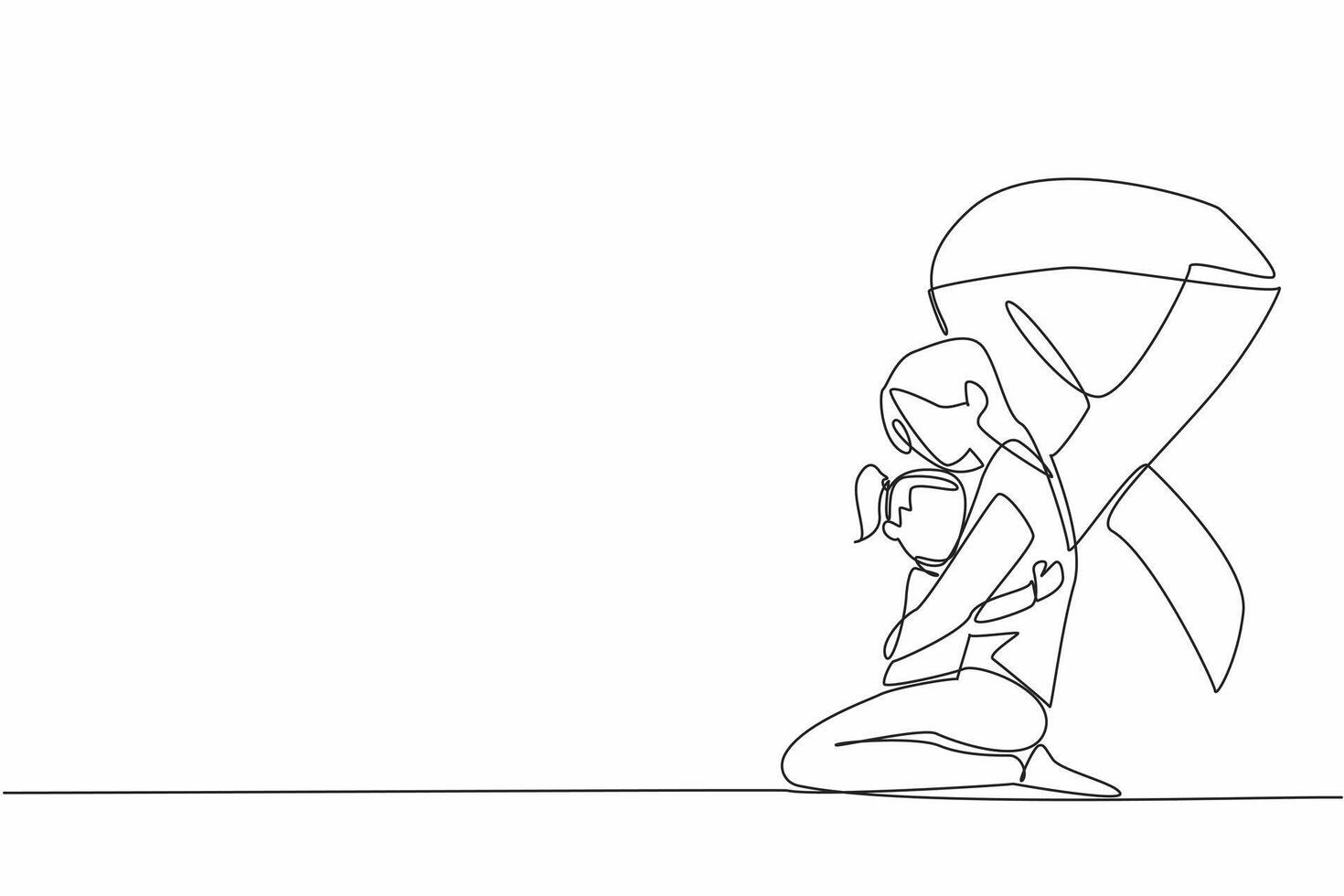 Continuous one line drawing a mother kneels embracing her child. Sense of strength, resilience, and unwavering love. International Childhood Cancer Day. Single line draw design illustration vector