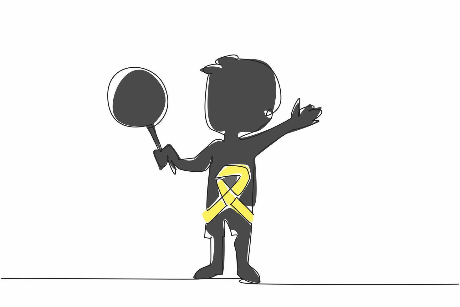 Single one line drawing a little boy holding lollipop stands with arms outstretched. Innocence. Imagination. Survivor. International Childhood Cancer Day. Continuous line design graphic illustration vector