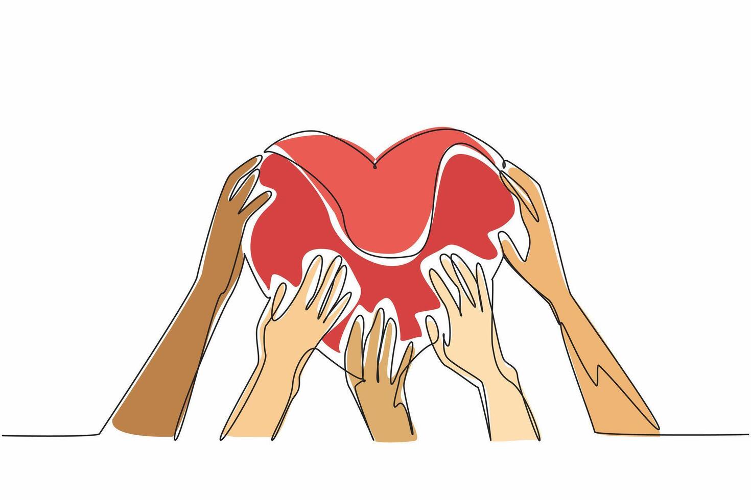 Single continuous line drawing the five hands holding a heart shape together. Demonstrating the power of togetherness. Unity and love. Random Acts of Kindness Day. One line design illustration vector