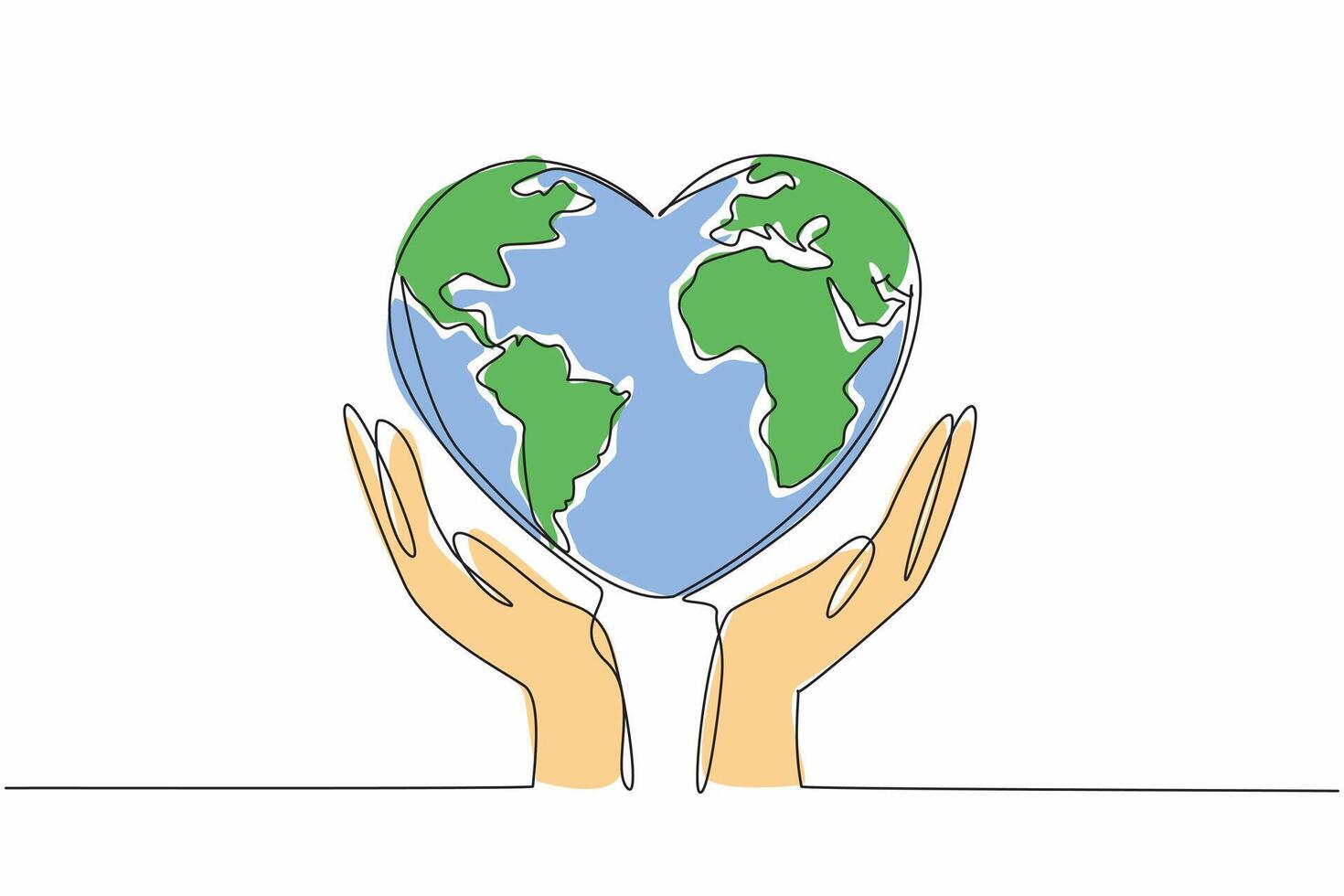 Continuous one line drawing two hands cradle heart-shaped earth. Humanity's responsibility to care for and protect our planet. Random Acts of Kindness Day. Single line draw design illustration vector