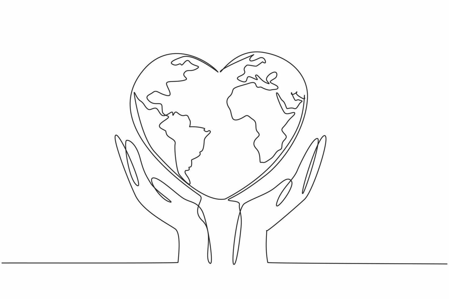 Continuous one line drawing two hands cradle heart-shaped earth. Humanity's responsibility to care for and protect our planet. Random Acts of Kindness Day. Single line draw design illustration vector