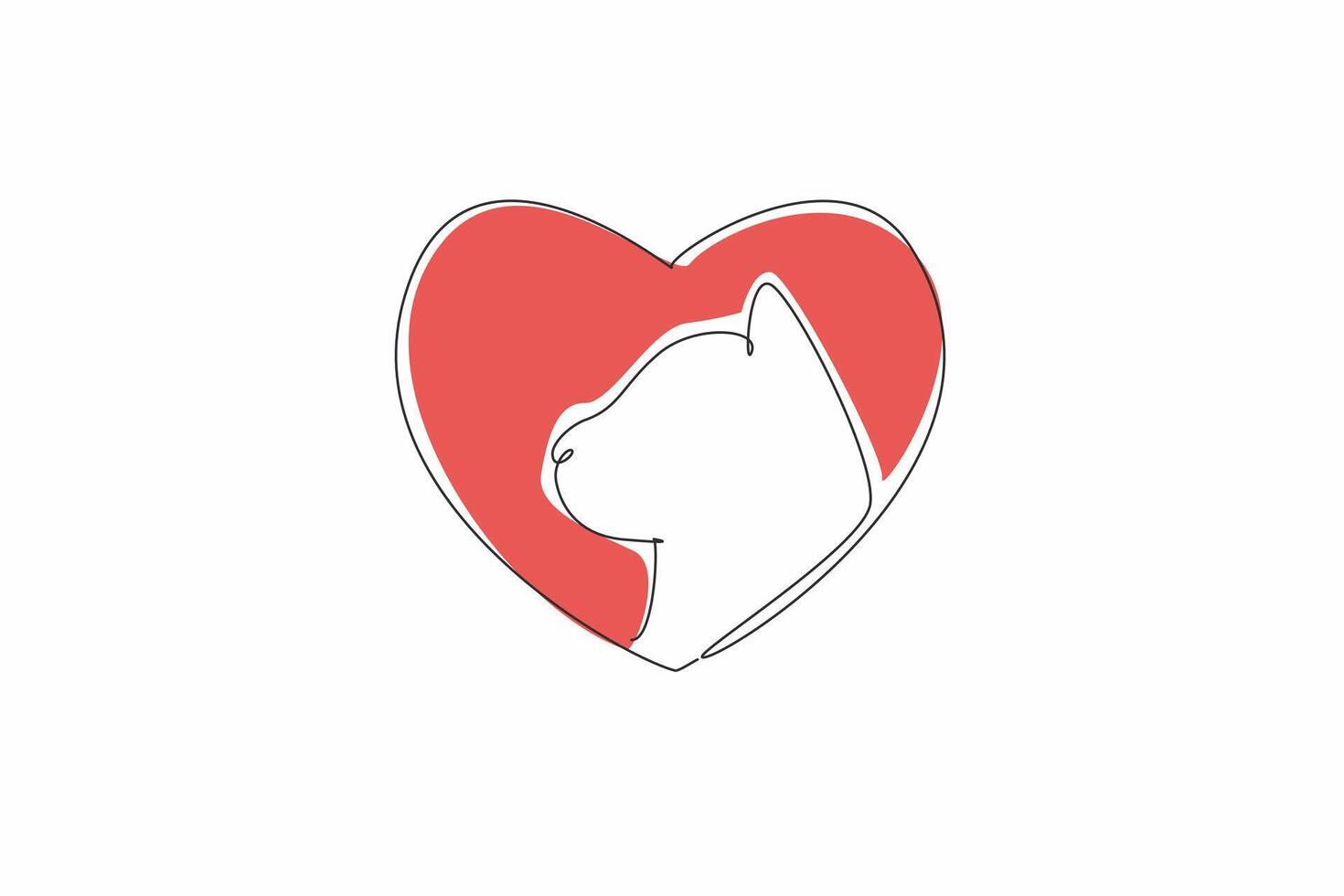Single one line drawing a heart with cat's profile nestled within. The cat's gaze. Suggests a sense of contemplation or longing. National Love Your Pet Day. Continuous line design graphic illustration vector
