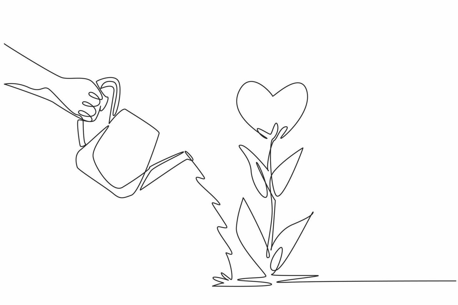 Single continuous line drawing a hand holding a watering can pours water onto a heart-shaped flower. Nurturing of love and compassion. Random Acts of Kindness Day. One line design illustration vector