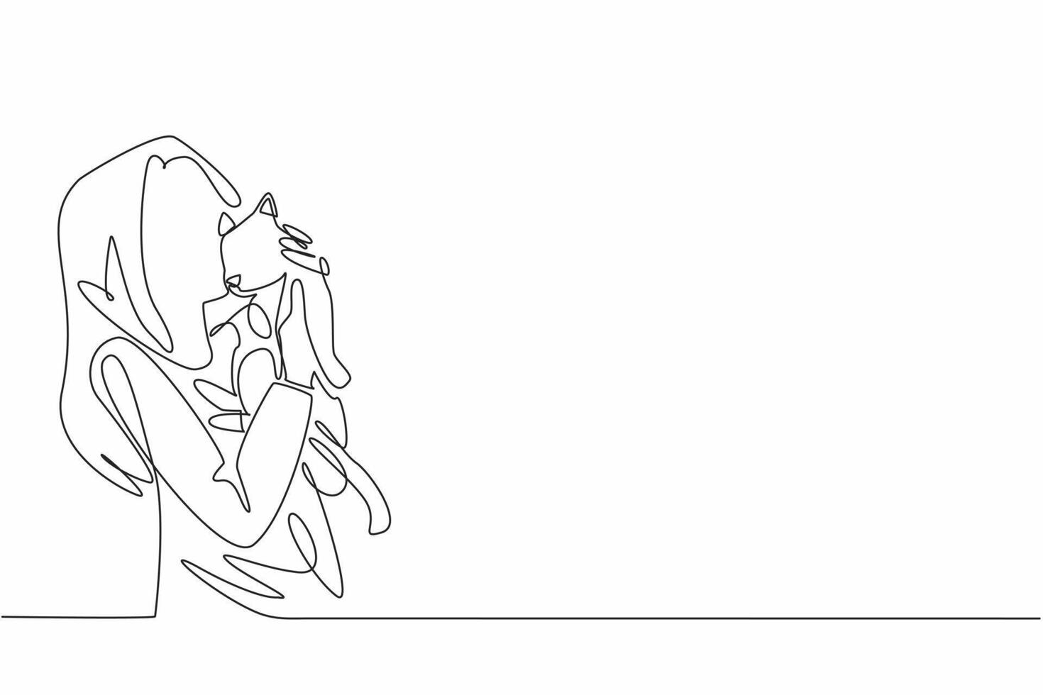 Continuous one line drawing a young woman embracing her feline companion. The simplicity and beauty of their shared moment. National Love Your Pet Day. Single line draw design illustration vector
