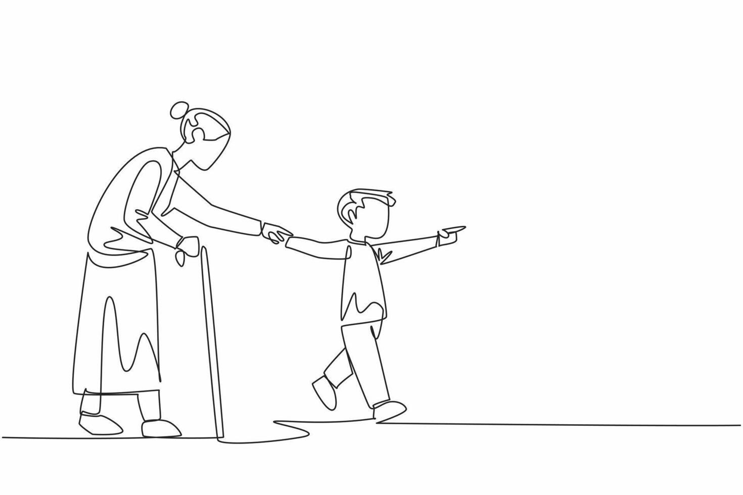 Single one line drawing a young boy with a kind smile offers his hand to elderly woman. Together, they step onto the crosswalk. Random Acts of Kindness Day. Continuous line design graphic illustration vector