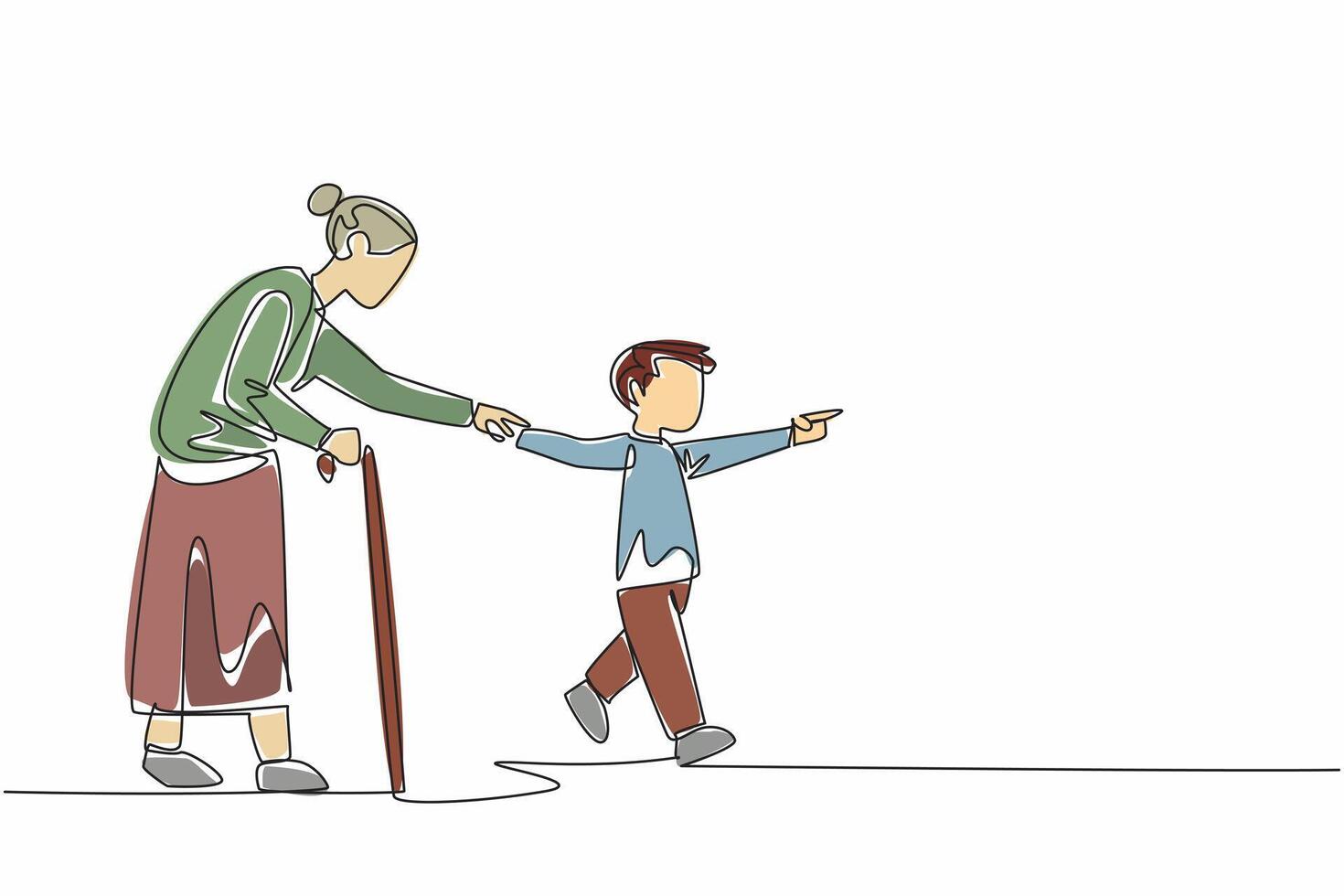 Single one line drawing a young boy with a kind smile offers his hand to elderly woman. Together, they step onto the crosswalk. Random Acts of Kindness Day. Continuous line design graphic illustration vector