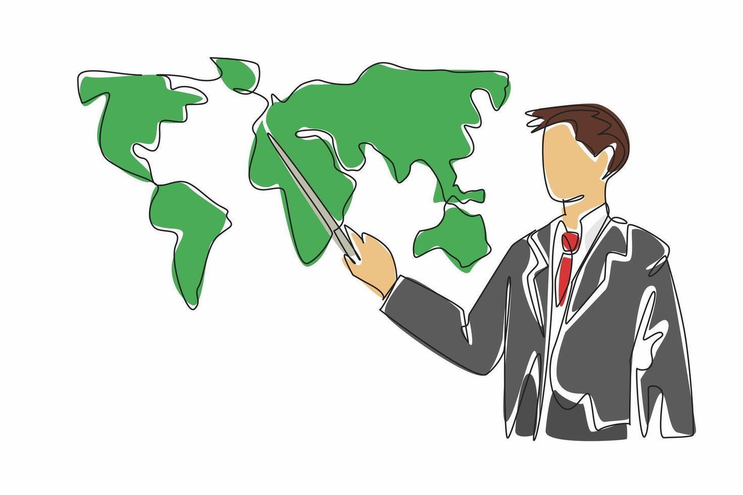 Single one line drawing man hold stick pointing to world map. National TV News. Expert explanation of weather until tomorrow. National Weatherperson's Day. Continuous line design graphic illustration vector