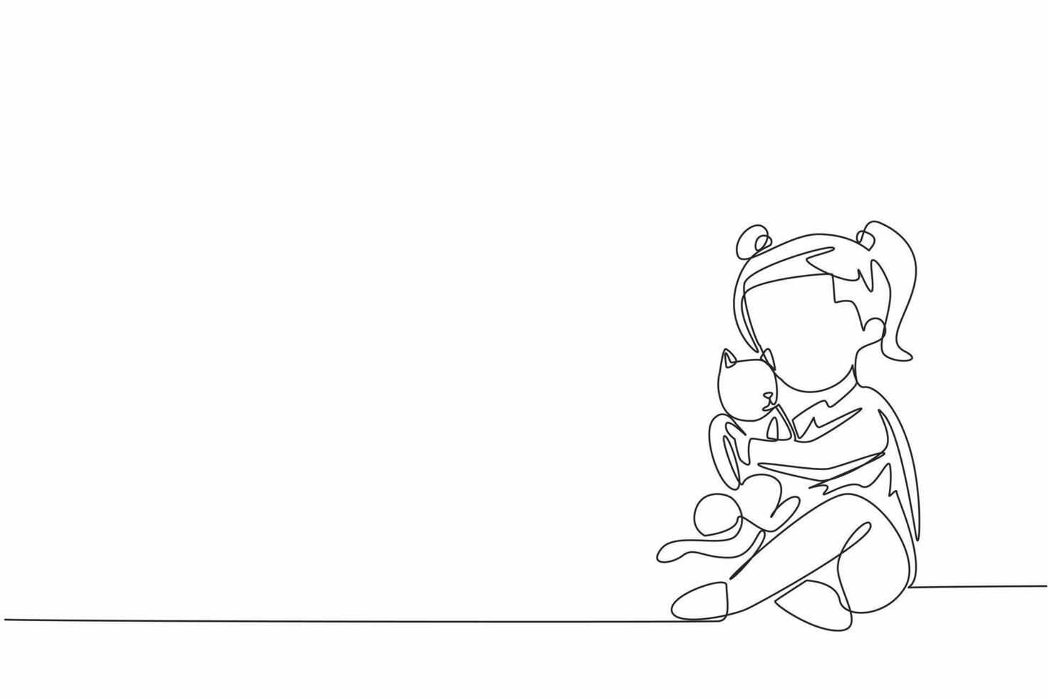 Single continuous line drawing a little girl gently cradles her fluffy cat. The girl's smile suggests a deep bond between the two. Care. National Love Your Pet Day. One line design illustration vector