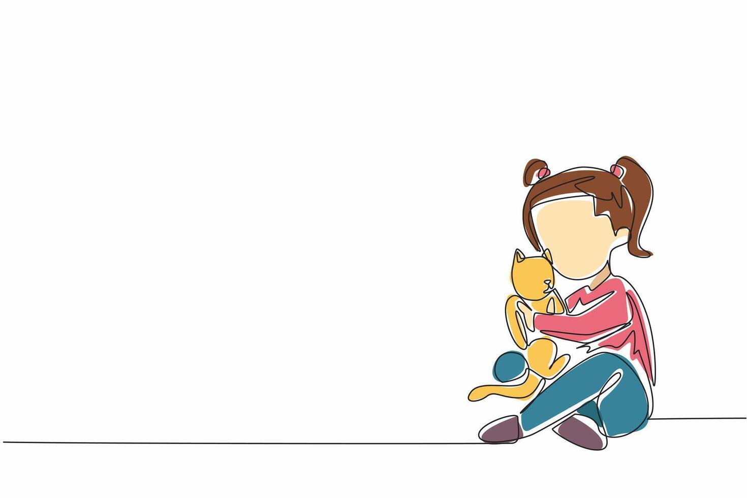 Single continuous line drawing a little girl gently cradles her fluffy cat. The girl's smile suggests a deep bond between the two. Care. National Love Your Pet Day. One line design illustration vector