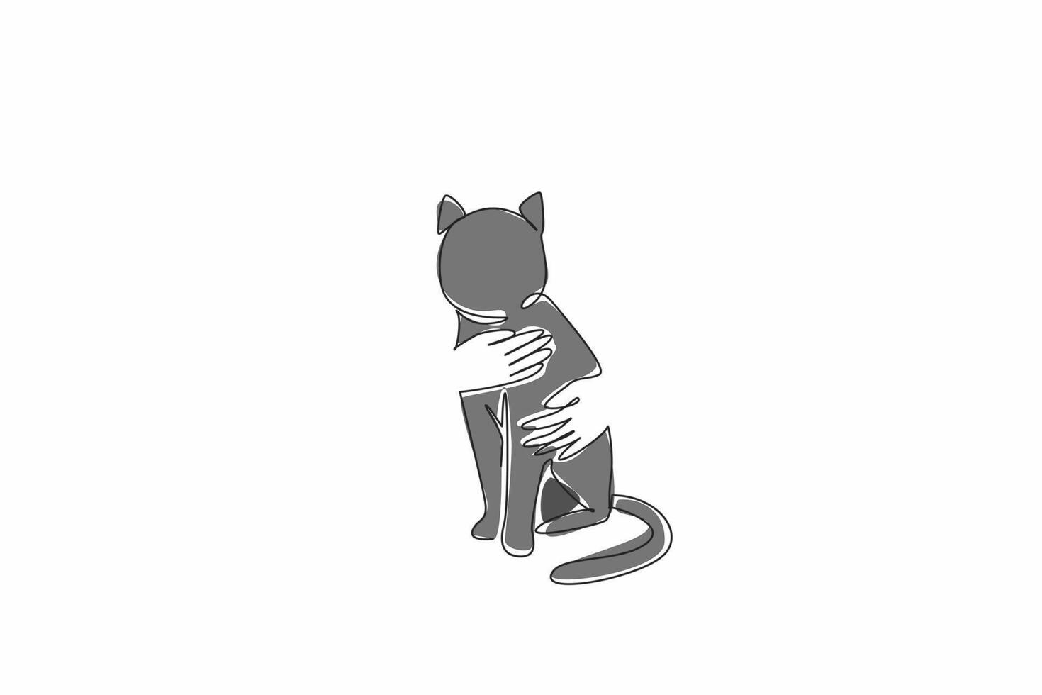 Single continuous line drawing a pair of hands are gently embracing a cat. Symbolizes love, compassion and bond between humans animals. National Love Your Pet Day. One line design illustration vector