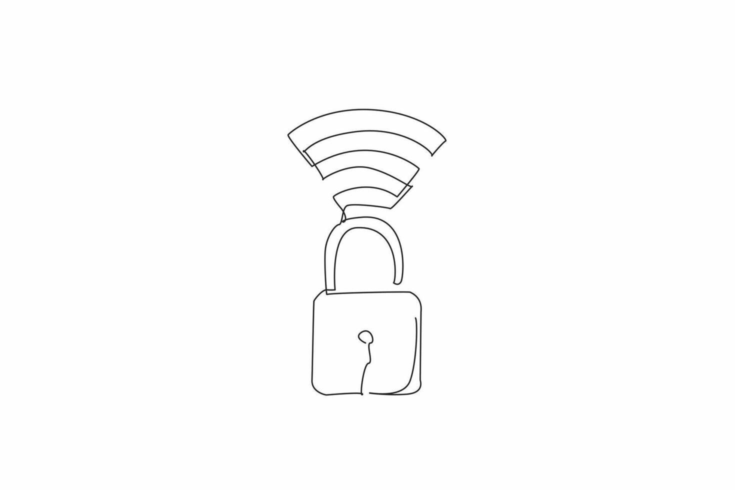 Continuous one line drawing a padlock is unlocked with Wi-Fi signals. The importance of secure Wi-Fi connections. Avoid cybercriminals. Safer Internet Day. Single line draw design illustration vector