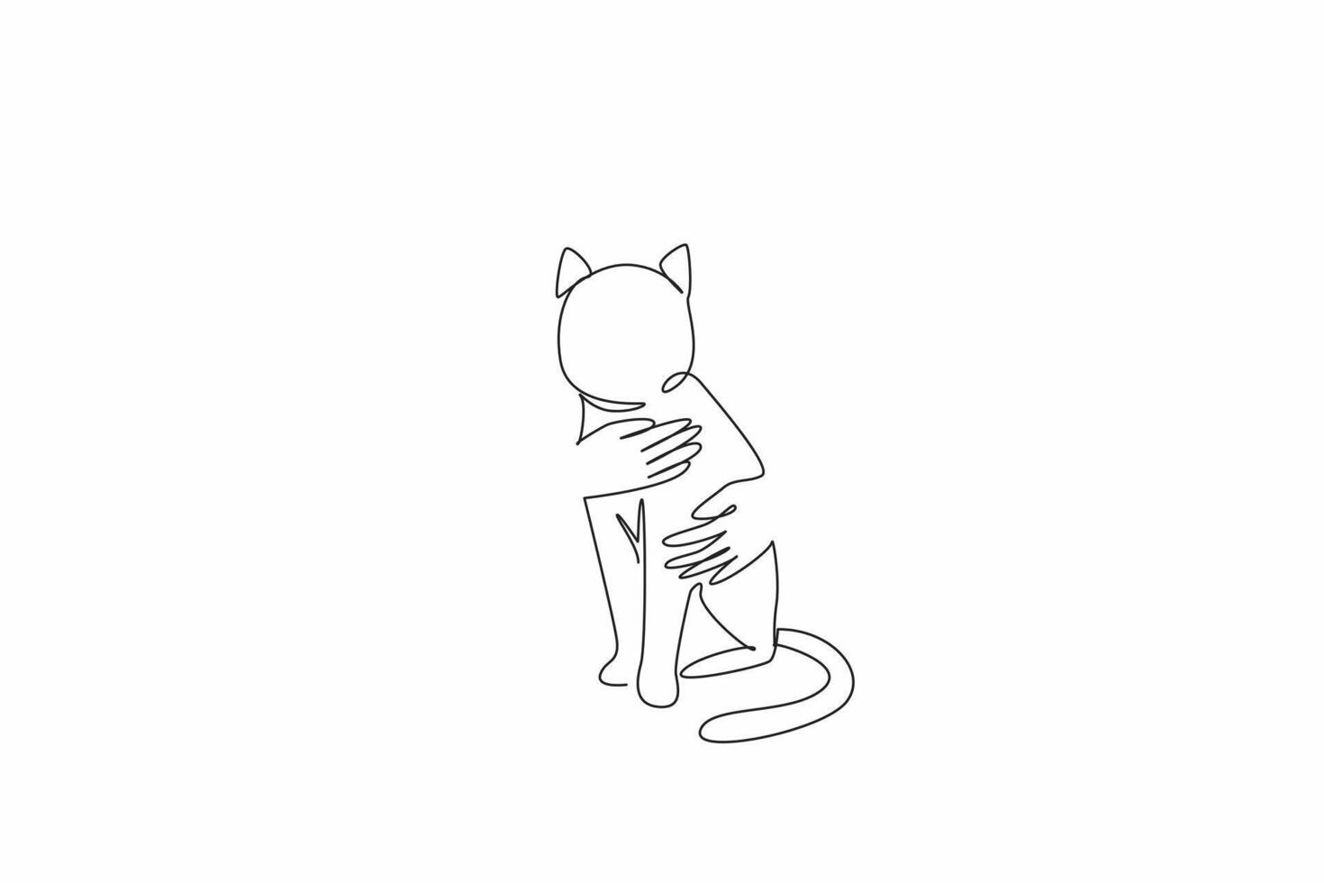 Single continuous line drawing a pair of hands are gently embracing a cat. Symbolizes love, compassion and bond between humans animals. National Love Your Pet Day. One line design illustration vector