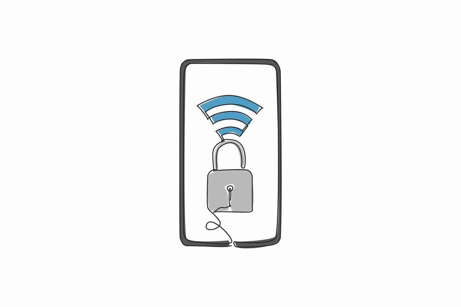 Continuous one line drawing a smartphone has a padlock and a Wi-Fi symbol on its screen. Protecting personal data on mobile device. Safer Internet Day. Single line draw design illustration vector