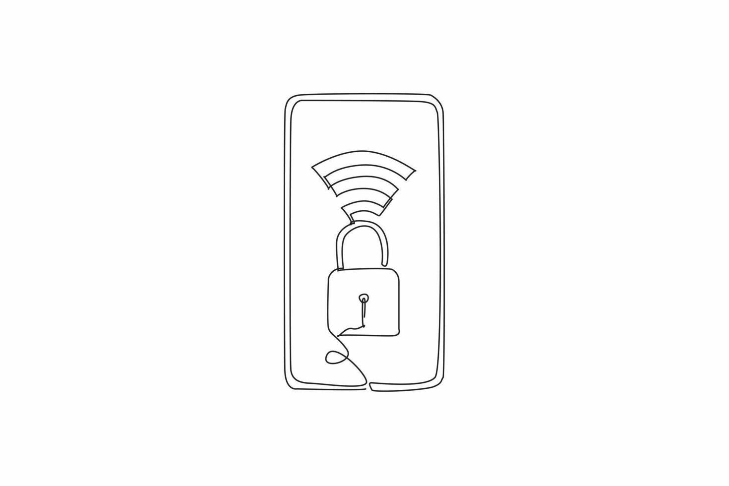 Continuous one line drawing a smartphone has a padlock and a Wi-Fi symbol on its screen. Protecting personal data on mobile device. Safer Internet Day. Single line draw design illustration vector