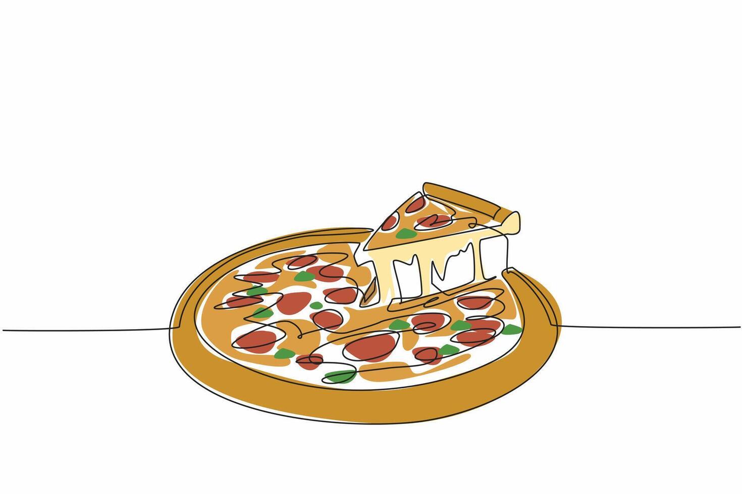 Single continuous line drawing a slice of pizza is being taken from whole pizza. The deliciousness of melted cheese. Enjoyment of sharing meal. National Pizza Day. One line design illustration vector