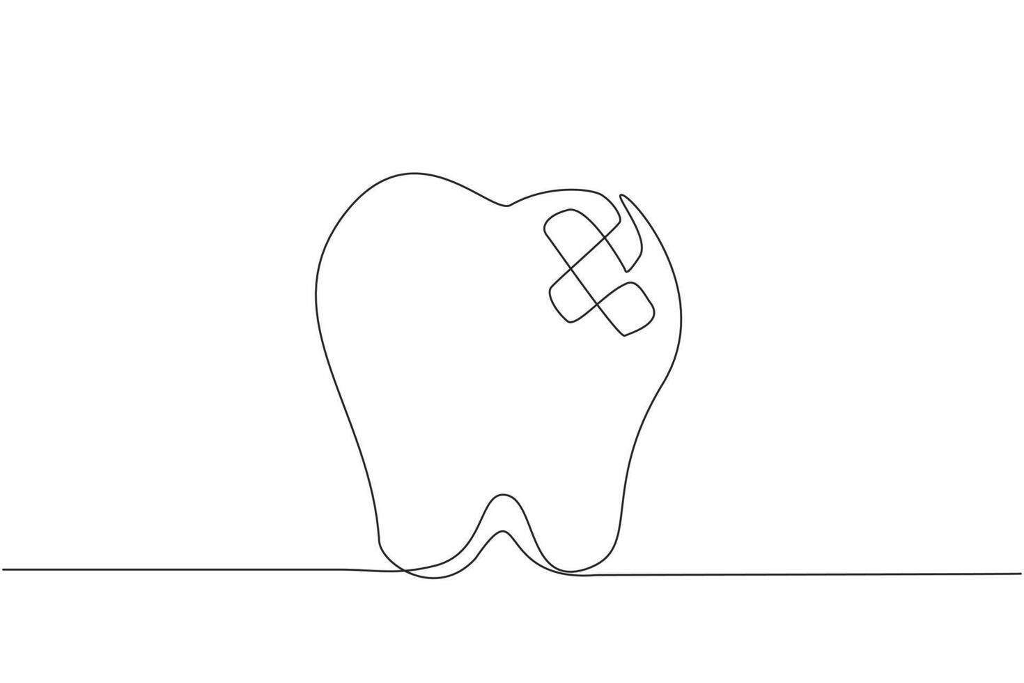Continuous one line drawing a tooth has a bandage on it. The need for dental care. The importance of preventing toothaches. Treated. National Toothache Day. Single line draw design illustration vector
