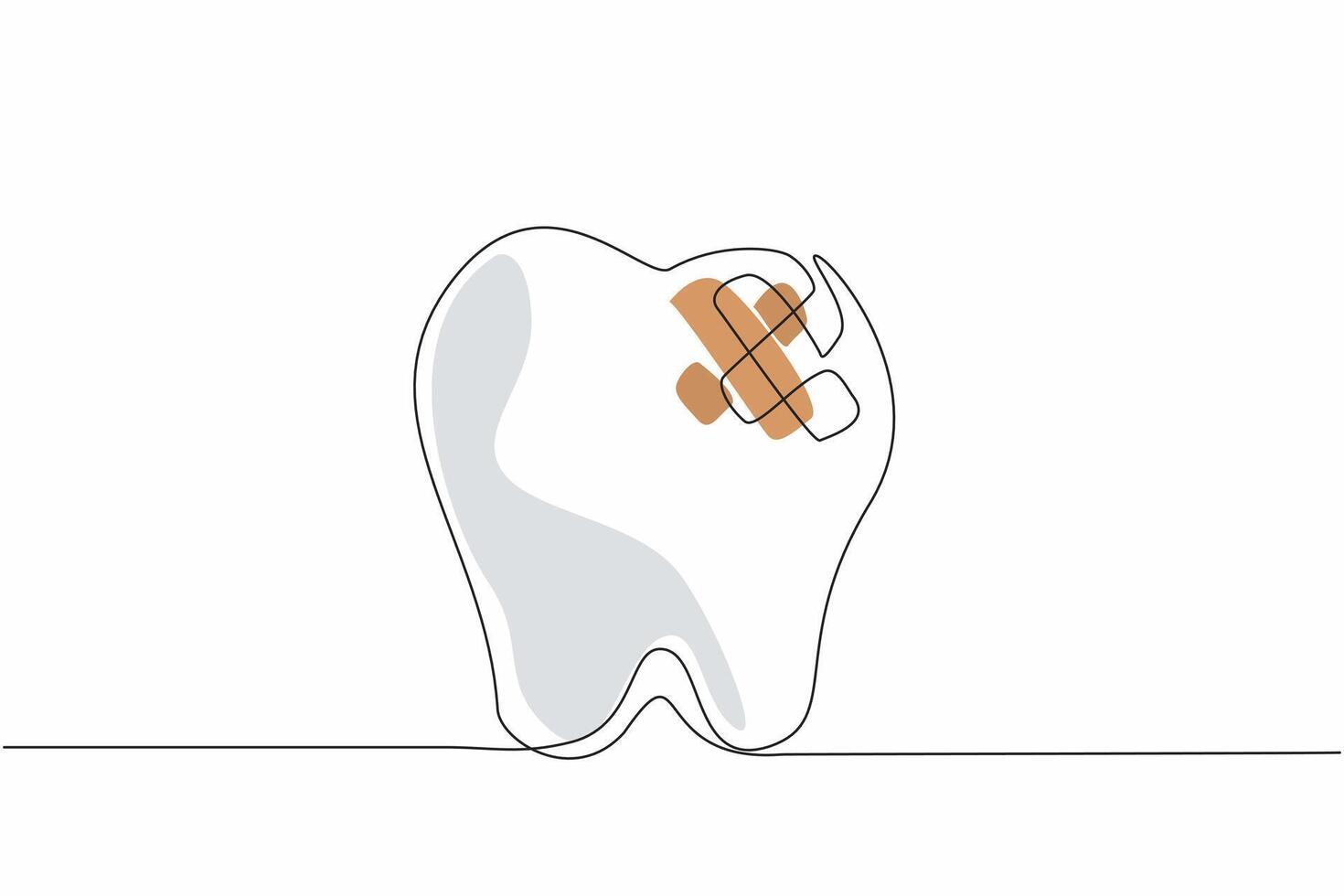 Continuous one line drawing a tooth has a bandage on it. The need for dental care. The importance of preventing toothaches. Treated. National Toothache Day. Single line draw design illustration vector