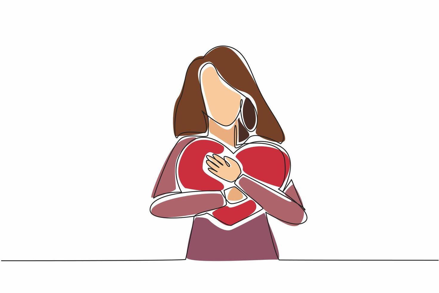 Single continuous line drawing woman is holding large heart against her chest. Her arms wrap around it protectively, symbolizing self-love. National Wear Red Day. One line design illustration vector