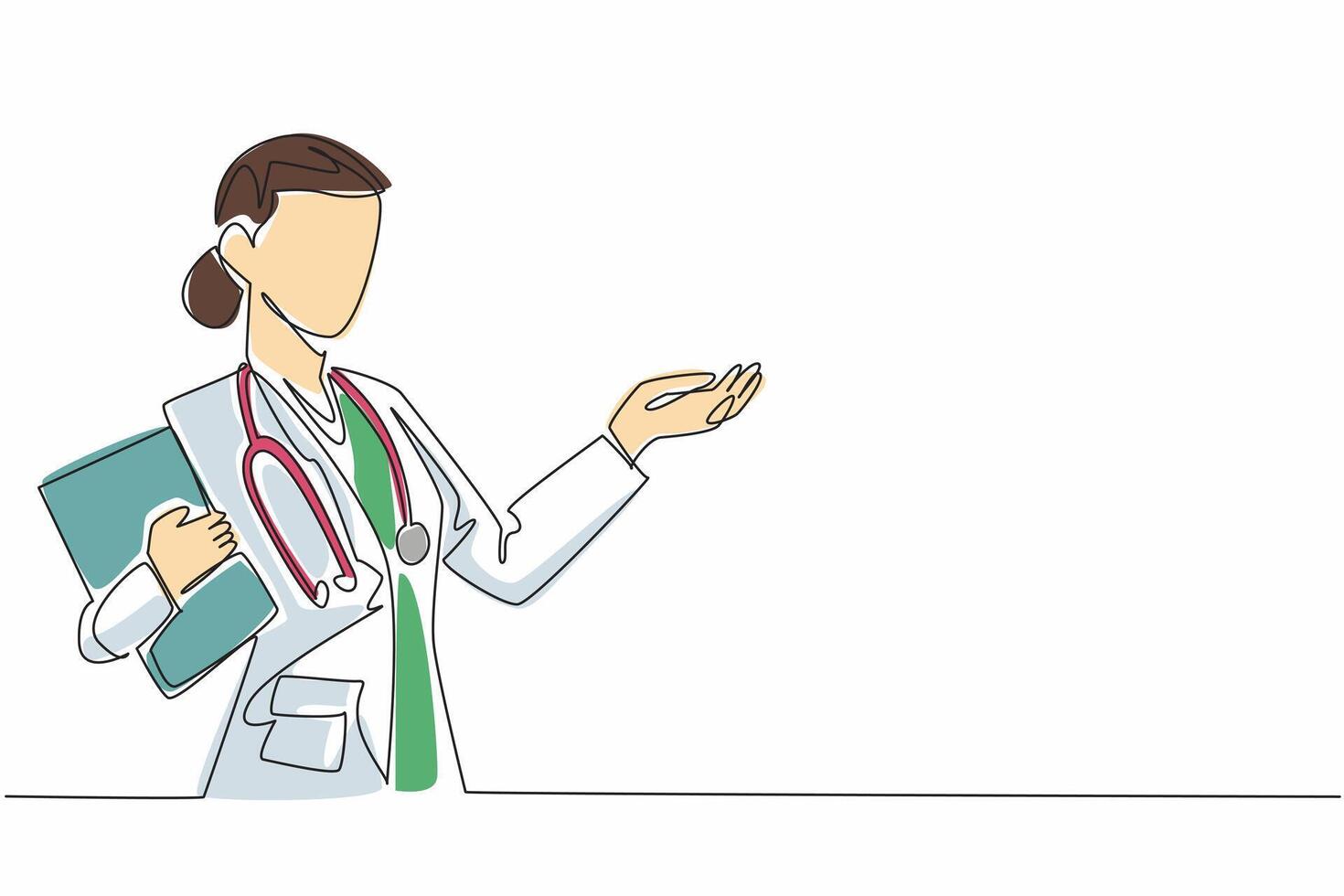 Continuous one line drawing a female doctor hold a clipboard and gesturing with her hand. Contributions of women in medical. National Women Physicians Day. Single line draw design illustration vector