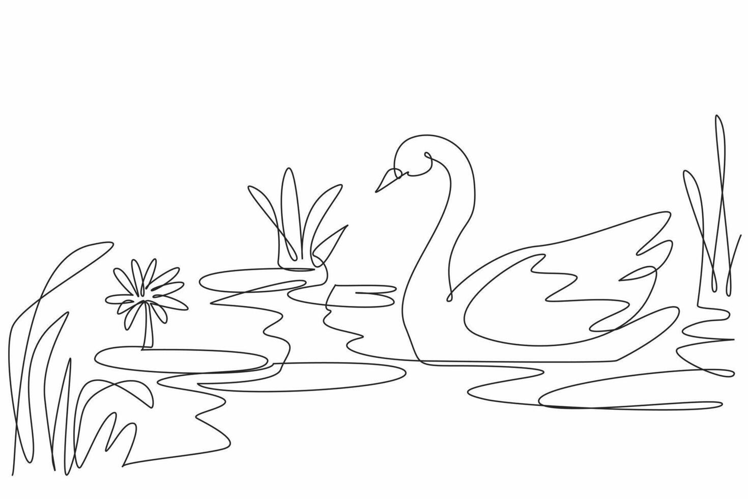 Single continuous line drawing a swan is gracefully swimming in a wetland. The beauty and elegance of nature. Combining to create tranquility. World Wetlands Day. One line design illustration vector