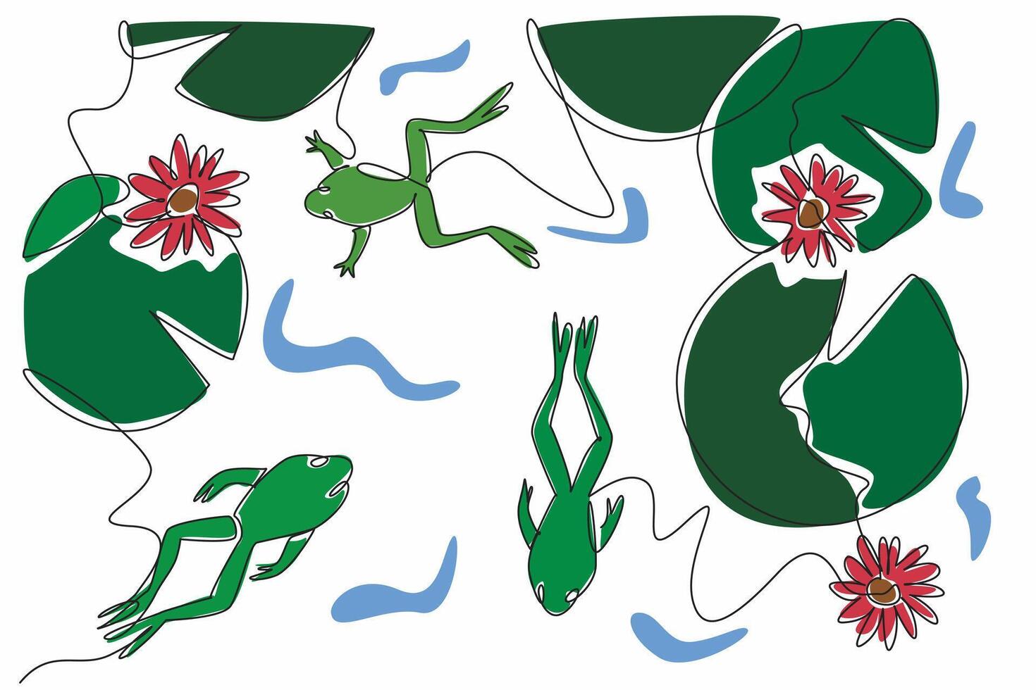Single continuous line drawing a wetland scene features aquatic creatures like frog. The biodiversity and beauty of wetlands. A quiet twilight. World Wetlands Day. One line design illustration vector